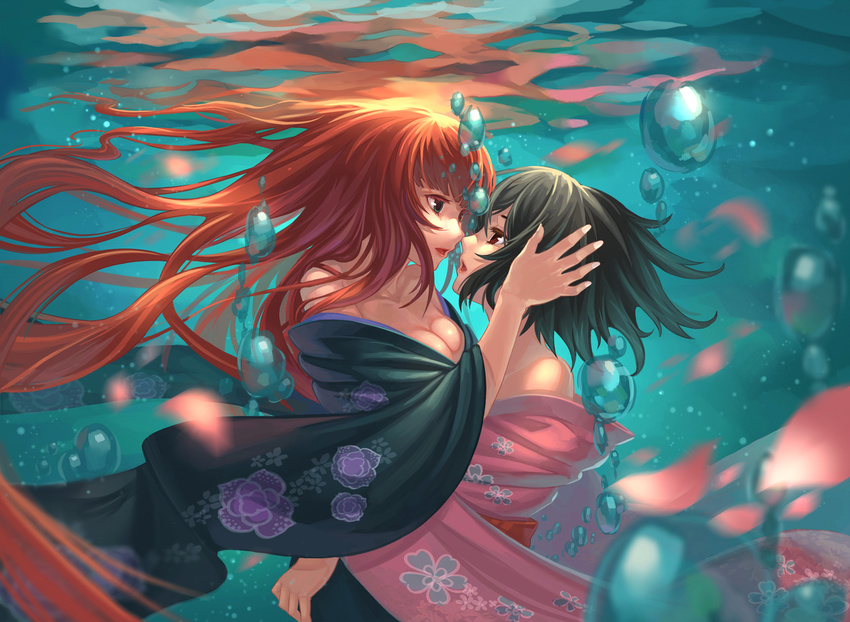 2girls air_bubble akizuki_maria bare_shoulders black_hair blurry breasts bubble catwyz cleavage commentary_request depth_of_field face-to-face hand_on_another's_head highres hug japanese_clothes kimono long_hair looking_at_another medium_breasts multiple_girls open_mouth orange_hair petals photoshop_(medium) shin_sekai_yori short_hair underwater watanabe_saki water wet wet_clothes yuri