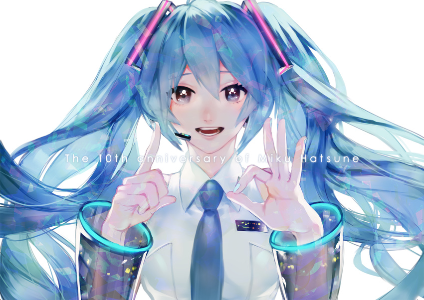 anniversary blue_eyes blue_hair detached_sleeves female floating_hair hatsune_miku headphones headset long_hair looking_at_viewer nail_polish necktie open_mouth otani_(gloria) solo twintails very_long_hair vocaloid