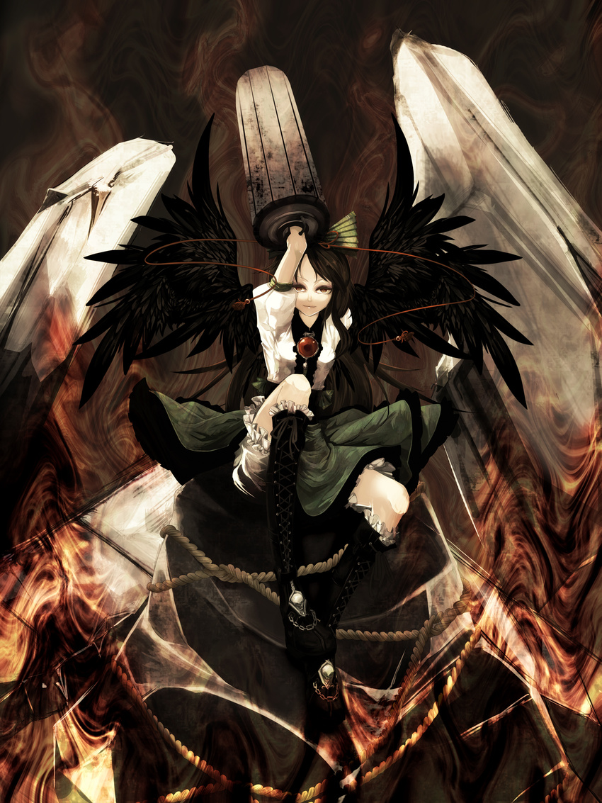 arm_cannon arm_up bad_id bad_pixiv_id black_hair black_wings bloomers boots bow cape commentary_request female fire geokinesis green_bow hairbow highres knee_boots large_wings memai photoshop_(medium) red_eyes reiuji_utsuho rock rope sitting solo touhou underwear weapon wings