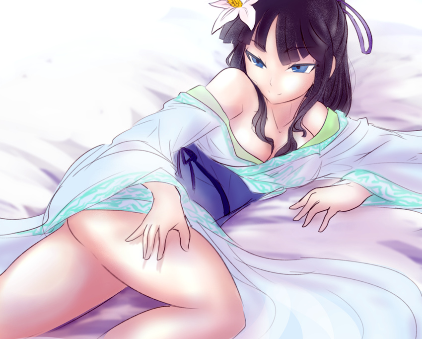 bare_shoulders black_hair blue_eyes breasts chinese_clothes fate/grand_order fate_(series) female flower hair_ornament jing_ke_(fate/grand_order) long_hair lying ribbon smile