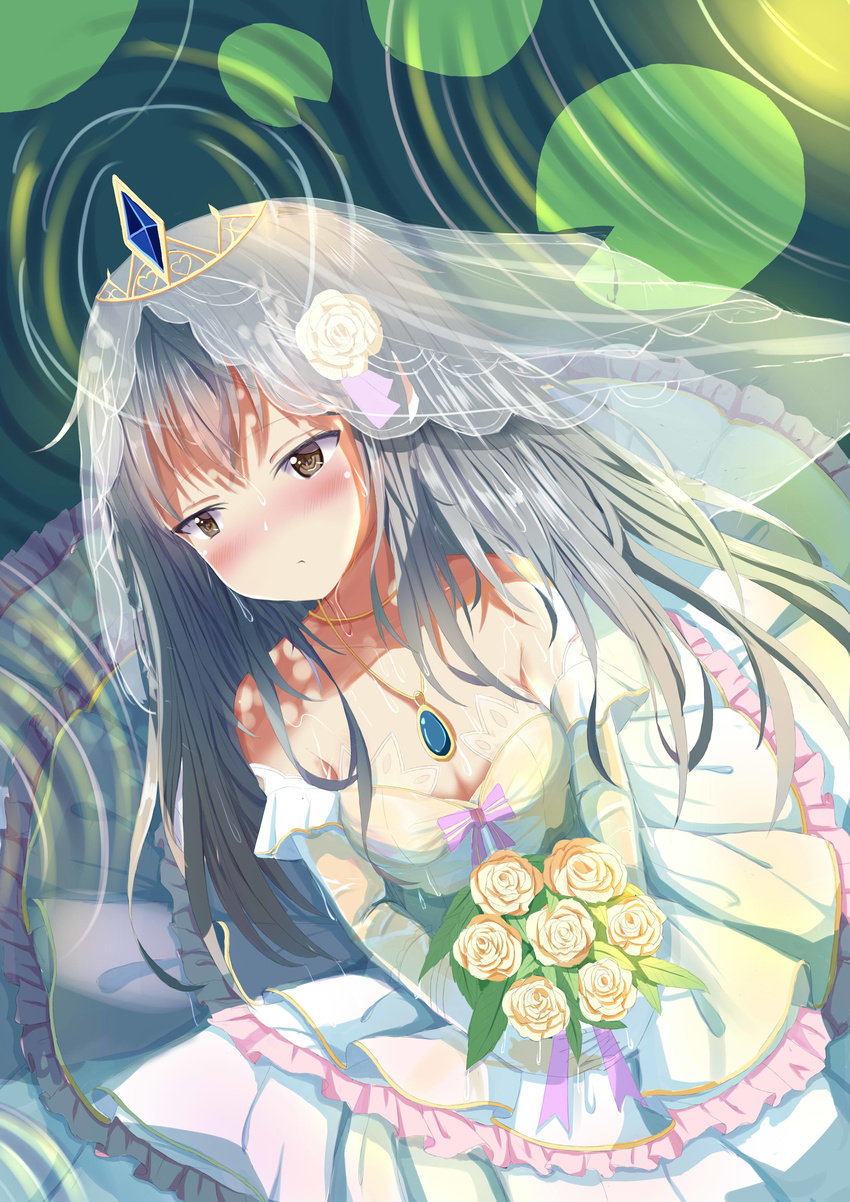 absurdres blush bouquet bow breasts bridal_veil chinese_commentary cleavage closed_mouth collarbone commentary_request crossed_bangs detached_sleeves dress dress_bow elbow_gloves eyes_visible_through_hair female flower frilled_dress frilled_sleeves frills g11_(girls'_frontline) girls'_frontline gloves grey_hair hair_flower hair_ornament half-closed_eyes highres holding holding_bouquet jewelry lily_pad long_hair looking_away medium_breasts mixed-language_commentary natsuki_(digretking) necklace pendant reflection ribbon ripples rose sidelocks standing standing_on_liquid tiara veil very_long_hair water wedding wedding_dress wet wet_clothes white_flower white_gloves white_rose