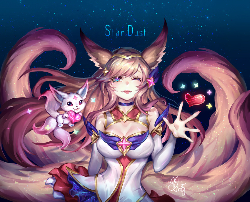 ahri alternate_costume alternate_hair_color animal_ears bare_shoulders breasts familiar fangs female fox_ears fox_tail large_breasts league_of_legends long_hair magical_girl nail_polish peach_hair purple_eyes skirt smile solo star_guardian_ahri tiara wink