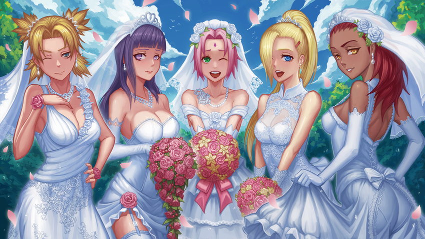 5girls ;) ass bare_shoulders blonde_hair blue_eyes blue_sky blunt_bangs bouquet breasts bridal_veil bride cleavage commentary dark-skinned_female dark_skin day dress earrings elbow_gloves english_commentary facial_mark flower forehead_mark garter_straps gloves green_eyes hair_ornament hair_over_one_eye hayate_(leaf98k) hyuuga_hinata ino_yamanaka jewelry karui_(naruto) lips long_hair medium_breasts multiple_girls naruto naruto_(series) naruto_shippuuden necklace nose one_eye_closed open_mouth pantylines pearl_necklace photoshop_(medium) pink_hair ponytail purple_eyes purple_hair quad_tails red_hair sakura_haruno sideboob sky smile temari_(naruto) thighhighs tiara veil wedding_dress white_legwear yellow_eyes