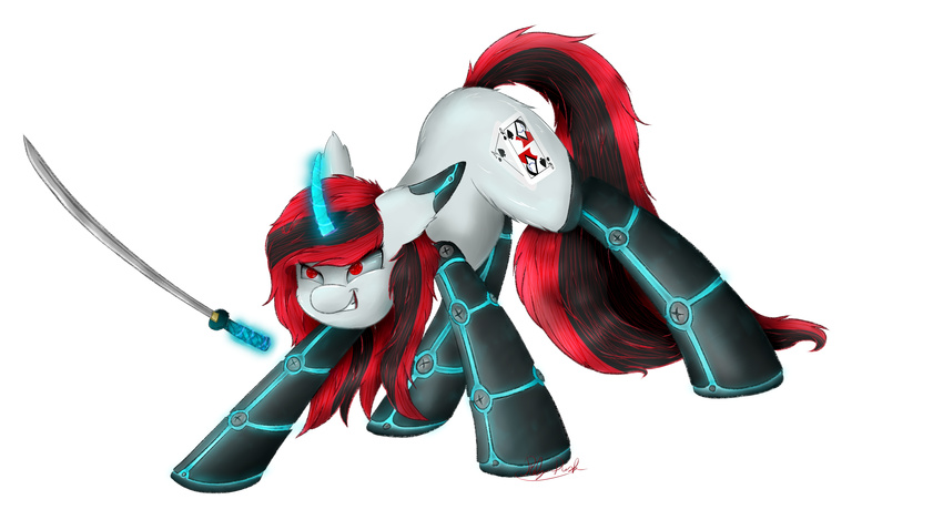 16:9 4_artificial_limbs absurd_res alpha_channel asian_sword black_hair blackjack_(fallout_equestria) card crossover cutie_mark cybernetic_ear cybernetic_eye cybernetic_leg cybernetic_limb cybernetics cyborg digital_media_(artwork) equid equine fallout fallout_equestria fan_character female feral fighting_pose foe:_project_horizons friendship_is_magic fur glowing hair hasbro hi_res hooves horn horse katana levitation machine magic magic_user mammal melee_weapon microsoft multicolored_hair my_little_pony mythological_creature mythological_equine mythology playing_card pony pose red_eyes red_hair rubydusk simple_background smile smirk solo sword two_tone_hair unicorn weapon white_body white_fur widescreen