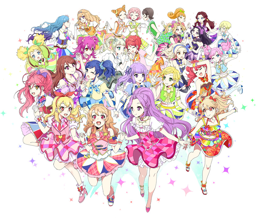 6+girls ^_^ absurdres aikatsu! aikatsu!_(series) amahane_madoka aqua_eyes arisugawa_otome bad_id bad_pixiv_id bare_shoulders black_hair blonde_hair blue_eyes blue_hair blush bow braid brown_eyes brown_hair closed_eyes cone_hair_bun crown_braid daichi_nono double_bun dress drill_hair everyone fingerless_gloves flower frilled_skirt frills fujiwara_miyabi_(aikatsu!) gloves hair_bun hair_flower hair_ornament hair_ribbon hair_scrunchie hairband hairbow hattori_yu high_heels highres hikami_sumire himesato_maria holding_hands hoshimiya_ichigo ichinose_kaede idol jewelry kamiya_shion kanzaki_mizuki kazesawa_sora kiriya_aoi kitaoji_sakura kurebayashi_juri kurisu_kokone kurosawa_rin_(aikatsu!) long_hair midriff minowa_hikari mole mole_under_mouth multicolored_hair multiple_girls natsuki_mikuru navel necklace oerba_yun_fang one_eye_closed open_mouth orange_hair otoshiro_seira ozora_akari perspective pink_hair pose purple_eyes purple_hair red_eyes red_hair ribbon round_teeth saegusa_kii sandals scrunchie shibuki_ran shinjo_hinaki shiontaso shirakaba_risa shoes short_hair short_sleeves side_ponytail silver_hair simple_background skirt sleeveless smile spaghetti_strap sparkle teeth todo_yurika twin_drills twintails white_background