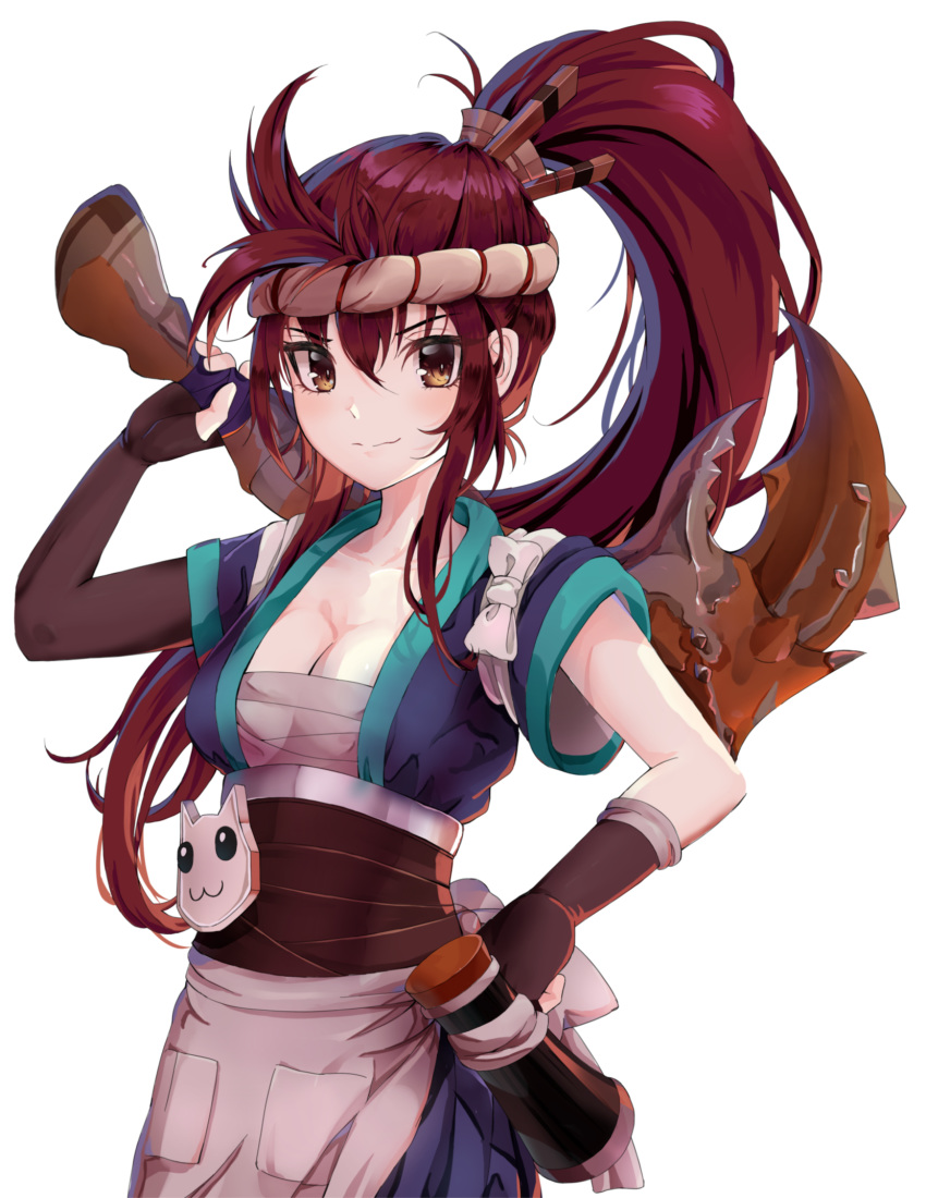 ahoge akali alternate_costume blush breasts brown_eyes cappu cleavage commentary english_commentary female fingerless_gloves gloves hairband highres league_of_legends ninja ponytail sashimi_akali smile solo transparent_background