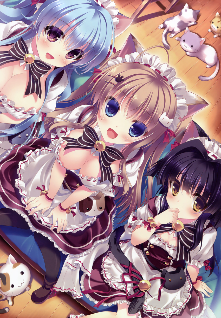 3girls :3 :d absurdres animal animal_ears bell black_hair blue_eyes blue_hair blush breasts brown_hair cat_ears cat_tail cleavage collar covering_own_mouth feline highres large_breasts long_hair maid maid_headdress medium_breasts multiple_girls neck_bell nekokawa_ameri nekomori_mike nekoyashiki_perusha nyan_cafe_macchiato oerba_yun_fang open_mouth purple_eyes rubi-sama smile tail too_many too_many_cats waitress whiskers wooden_floor yellow_eyes yukie_(peach_candy)