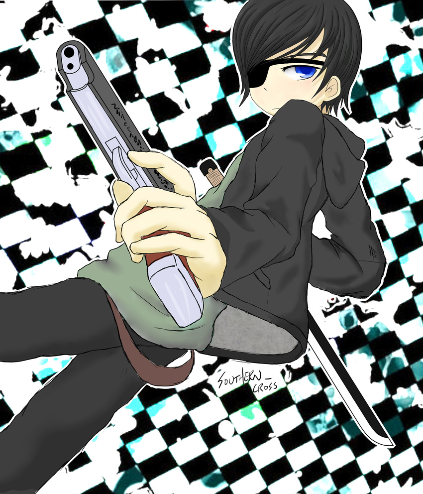 black_hair blue_eyes chocoman2003 eyepatch gun handgun highres hood hoodie lolicon male male_focus original pants pistol shirt short_hair sling solo standing sword weapon