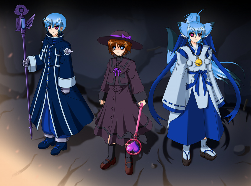 1boy 2girls animal_ears blue_eyes blue_hair chrono_harlaown commentary_request dark_persona fox_ears fox_tail hat kemonomimi_mode kuon_(triangle_heart) luciferion lyrical_nanoha mahou_shoujo_lyrical_nanoha mahou_shoujo_lyrical_nanoha_a's mahou_shoujo_lyrical_nanoha_a's_portable:_the_battle_of_aces multiple_girls red_eyes s2u sanarii stern_the_destructor tail takamachi_nanoha triangle_heart triangle_heart_3 triangle_heart_3_lyrical_toy_box