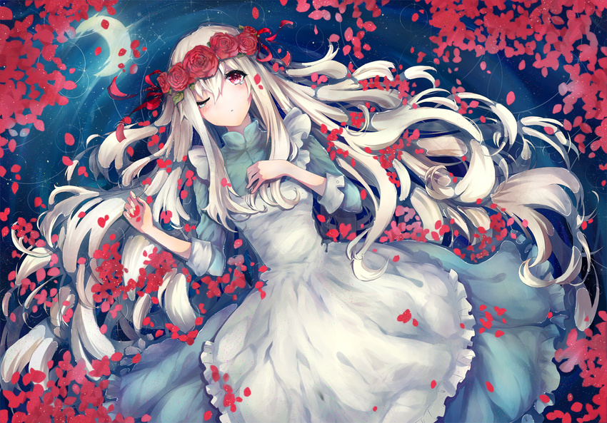 dress flowers kagerou_project kozakura_mary long_hair moon petals red_eyes rose tears teka water white_hair