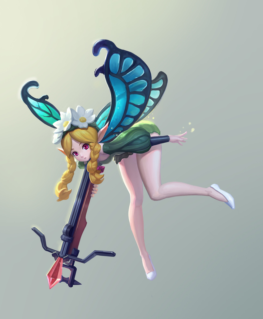 absurdres bare_legs blonde_hair braid closed_mouth commentary crossbow dress dusttodusk fairy fairy_wings female flower flying full_body green_dress grey_background hair_flower hair_ornament highres long_hair long_sleeves looking_at_viewer mercedes_(odin_sphere) odin_sphere parted_bangs parted_lips photoshop_(medium) pointy_ears puffy_long_sleeves puffy_sleeves purple_eyes shoes simple_background solo twin_braids weapon white_footwear wings