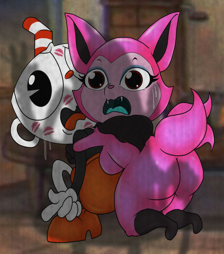 animate_inanimate anthro asian_mythology ass blpanda bodily_fluids breasts canid canine clothed clothing container crossover cup cuphead_(character) cuphead_(game) duo east_asian_mythology fangs female for_a_head fox fox_spirit gloves handwear hi_res humanoid humanoid_on_anthro inside kiss_mark kissing korean korean_mythology kumiho male mammal multi_tail mythological_canine mythological_creature mythological_fox mythology nude object_head open_mouth parody sweat sweatdrop tail teeth telemonster yossi