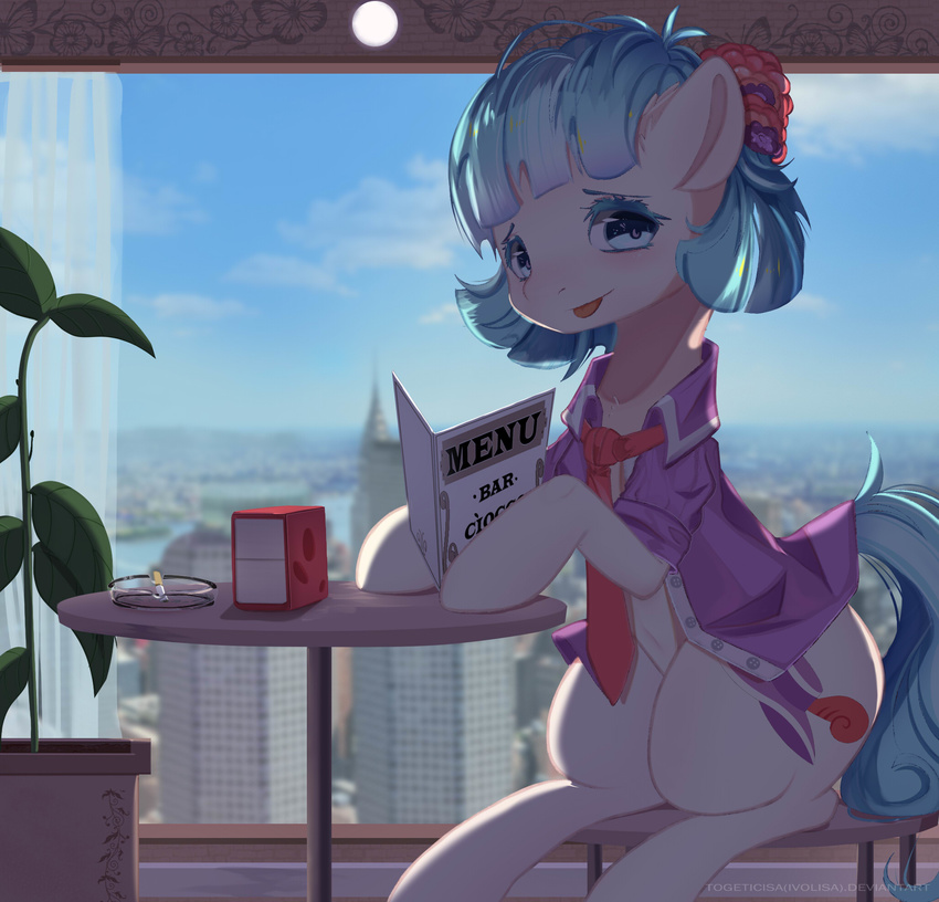 2018 accessory ashtray blue_eyes blue_hair blush building cigarette city clothing cloud coco_pommel_(mlp) cutie_mark earth_pony english_text equid equine eyebrows female feral flower flower_in_hair friendship_is_magic full-length_portrait furniture hair hair_accessory hasbro hi_res holding_menu holding_object horse inside light looking_at_viewer makeup mammal mascara menu my_little_pony napkin necktie plant pony portrait restaurant service_menu shirt short_snout sitting sky skyscraper smile snout solo stool table text togeticisa tongue tongue_out topwear window