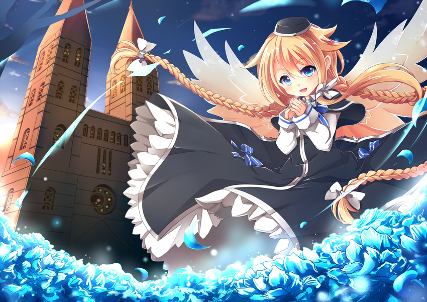 aata1007 blonde_hair blue_eyes braid commentary_request dress female flower hair_flaps hat highres long_hair looking_at_viewer magi_in_wanchin_basilica open_mouth own_hands_together sky smile solo twin_braids very_long_hair wings xiao_ma