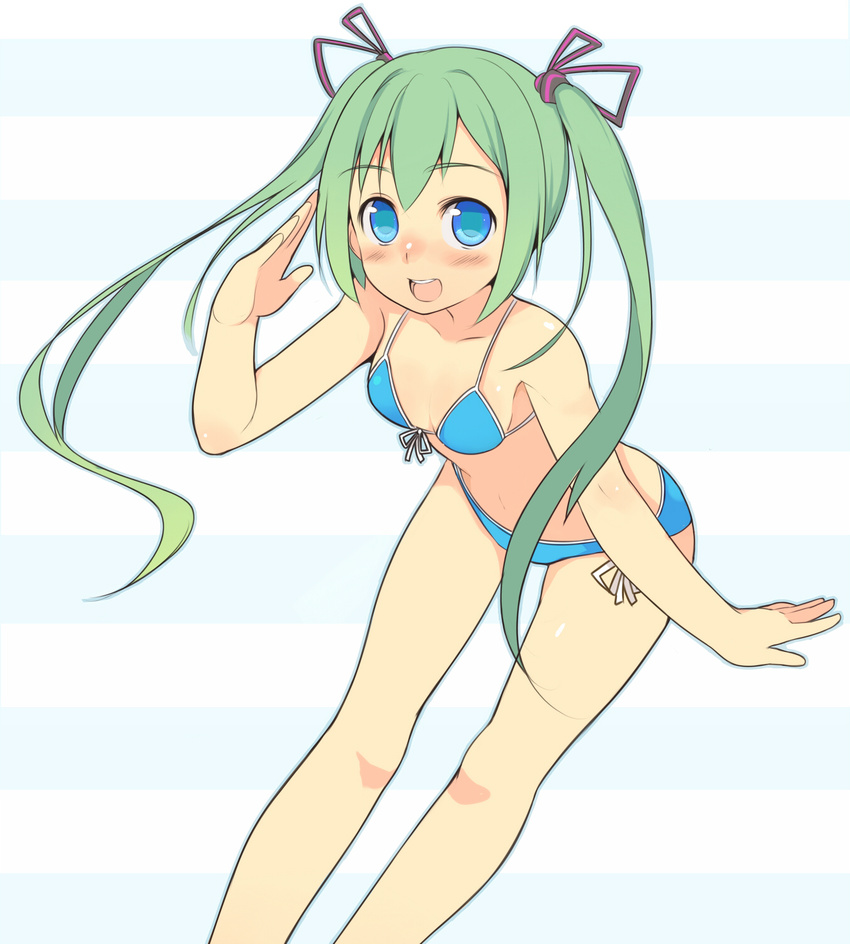 :d bikini blue_eyes blush commentary_request female front-tie_top green_hair highres leaning_forward long_hair looking_at_viewer open_mouth original oza_watto salute side-tie_bikini_bottom smile solo standing swimsuit twintails