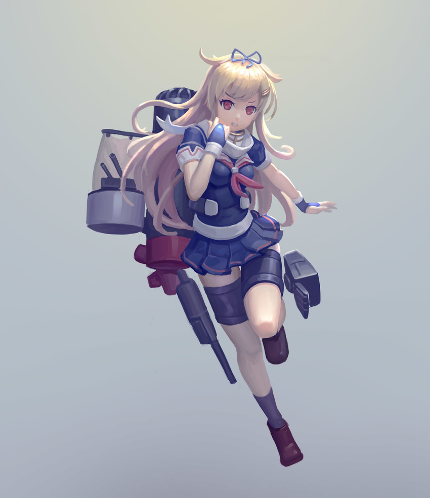 absurdres blonde_hair blue_gloves blue_ribbon blue_shirt brown_footwear cannon commentary dusttodusk female fingerless_gloves full_body gloves grey_background grin hair_flaps hair_ornament hair_ribbon hairclip hand_up highres kantai_collection long_hair looking_at_viewer machinery miniskirt neckerchief photoshop_(medium) pleated_skirt puffy_short_sleeves puffy_sleeves purple_socks red_eyes red_neckerchief ribbon rigging scarf school_uniform serafuku shirt shoes short_sleeves simple_background skirt smile socks solo standing yuudachi_(kancolle) yuudachi_kai_ni_(kancolle)