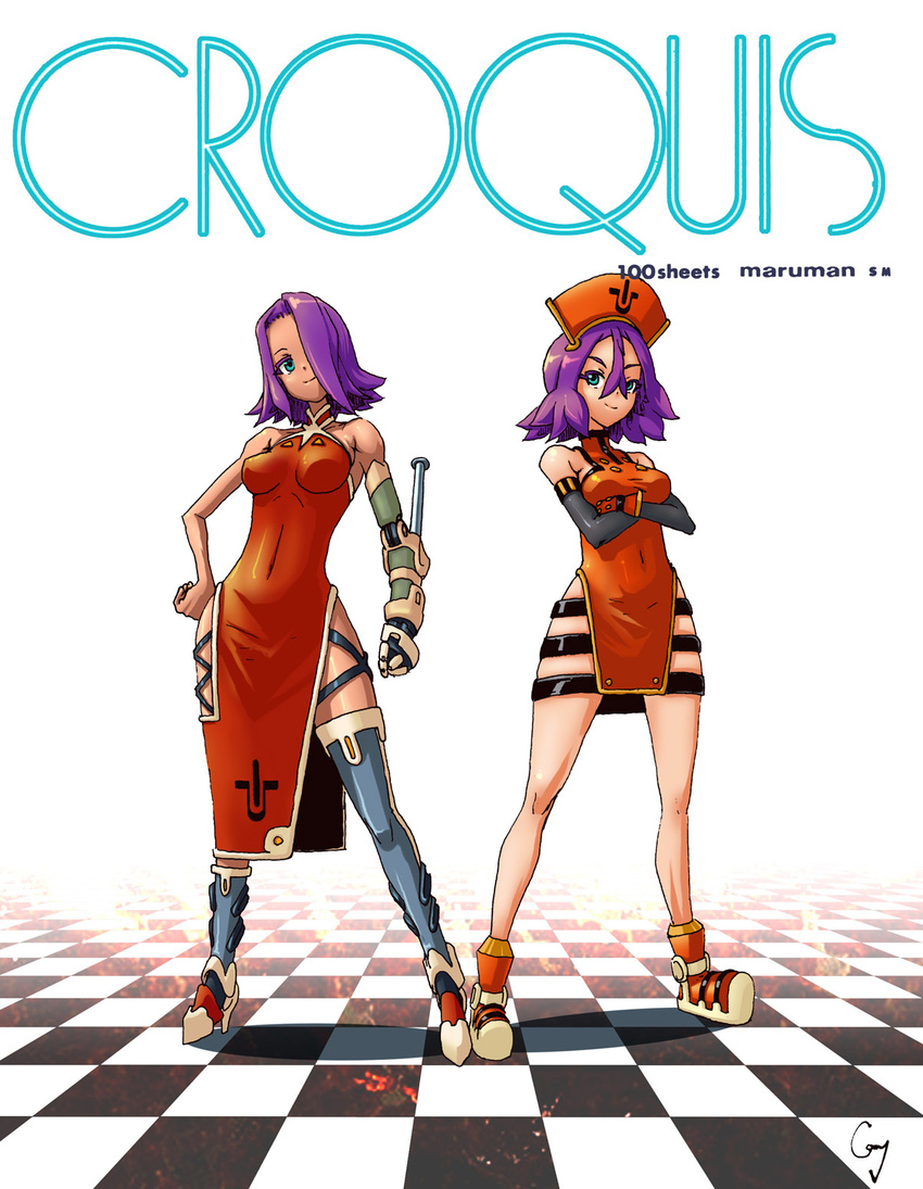 2girls aqua_eyes asymmetrical_clothes checkered_floor commentary_request cony_(la_locura) crossed_arms elbow_gloves gloves highres libra_(cony) multiple_girls original photoshop_(medium) prosthesis prosthetic_arm purple_hair siblings sisters virgo_(cony) weapon