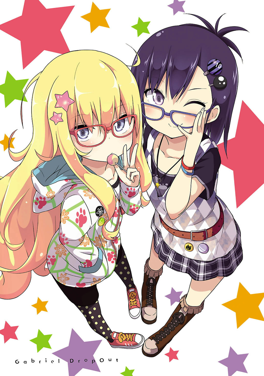 2girls bespectacled blonde_hair casual gabriel_dropout glasses multiple_girls tenma_gabriel_white tsukinose_vignette_april