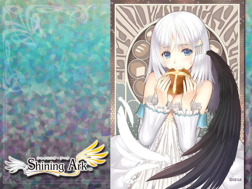 blue_eyes bread detached_sleeves feathers female food food_on_face hair_ornament hairclip hot_cross_bun long_hair official_art official_wallpaper panis_angelicus shining_(series) shining_ark single_wing tony_taka white_hair wings