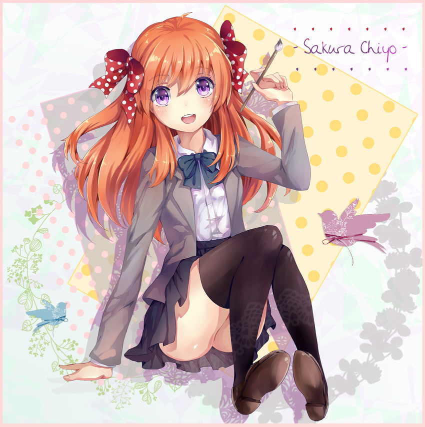 animal_print arm_support bird_print black_thighhighs blazer blush bow bowtie brush calligraphy_brush character_name commentary_request female framed full_body gekkan_shoujo_nozaki-kun hairbow highres jacket leaf long_hair looking_at_viewer open_mouth orange_hair paintbrush photoshop_(medium) pleated_skirt polka_dot polka_dot_bow purple_eyes ribbon rouman_academy_school_uniform sakura_chiyo school_uniform shirt shoes silhouette sitting skirt smile solo teka thighhighs white_shirt