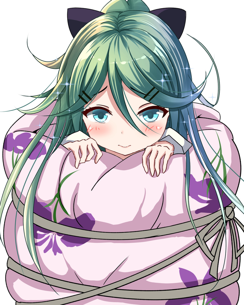 blanket blue_eyes bound commentary_request cosplay denpa_onna_to_seishun_otoko eyelashes female floral_print green_hair hair_between_eyes hair_ornament hairclip highres kantai_collection kuroame_(kurinohana) long_hair pink_lips rolled_up simple_background solo sparkle tied_up_(nonsexual) touwa_erio touwa_erio_(cosplay) white_background yamakaze_(kancolle)