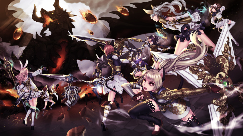 6+girls animal_ears archer_(tera_online) arm_up armor artist_request axe bat_wings battle berserker_(tera_online) bike_shorts black_hair black_legwear blonde_hair boots bow_(weapon) braid brawler_(tera_online) brown_eyes brown_hair cat_ears cat_tail curly_hair dog_ears dog_tail dragon dress dual_wielding elin fighting_stance fingerless_gloves fire gloves glowing glowing_eyes grey_hair head_wings high_heels highres holding horns huge_weapon knee_boots kneehighs lance lancer_(tera_online) lion_ears lion_tail long_hair magic meteor monster multiple_girls mystic_(tera_online) ninja ninja_(tera_online) open_mouth polearm ponytail priest_(tera_online) purple_eyes purple_hair rabbit_ears rabbit_tail rock shield shoes short_dress short_hair short_twintails shorts shorts_under_skirt shouting shuriken sickle slayer_(tera_online) socks sorcerer_(tera_online) staff sword tail tera_online thighhighs twin_braids twintails very_long_hair wand weapon white_dress white_legwear wings