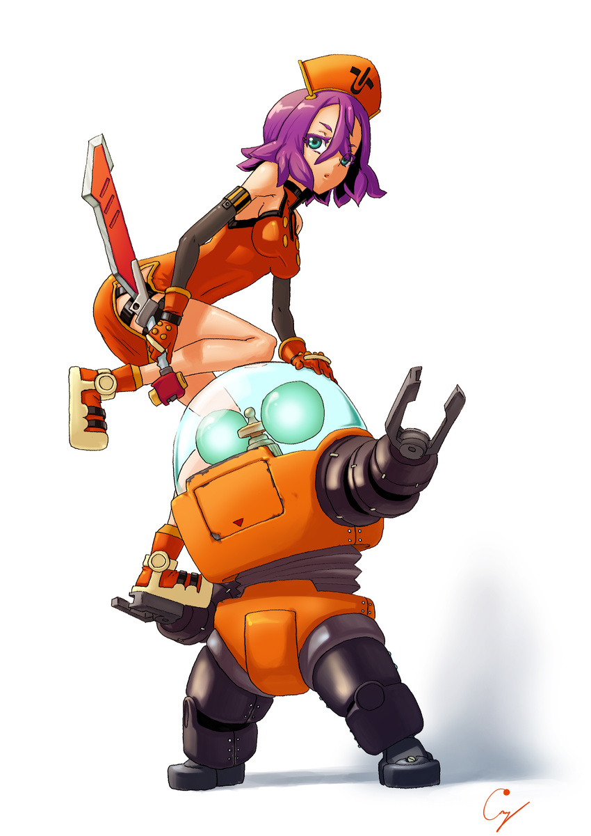 commentary_request cony_(la_locura) elbow_gloves female gloves highres libra_(cony) mr._robby_(cony) original photoshop_(medium) purple_hair robot weapon