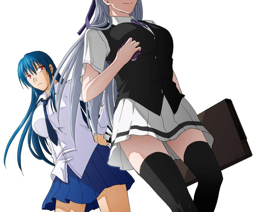 2girls black_legwear blue_hair dcd diamond_cut_diamond kenji_t1710 long_hair multiple_girls necktie red_eyes school_uniform shigyou_yuuyami silver_hair skirt smile taguchi_kenji thighhighs tie yodogimi_rinko