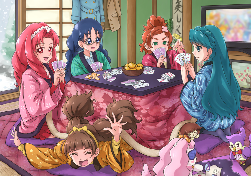 5girls :d akagi_towa amanogawa_kirara aroma_(go!_princess_precure) bird black_hair blue_eyes blue_hair blunt_bangs bowl braid brown_hair canine card chocokin closed_eyes coat commentary_request covering_own_mouth crown_braid flower food fruit fruit_bowl glasses go!_princess_precure green_eyes grey-framed_eyewear hairband hanten_(clothes) happy haruno_haruka indoors jacket japanese_clothes joker_(playing_card) kaidou_minami kotatsu kuroro_(go!_princess_precure) long_hair long_sleeves looking_at_another lying mandarin_orange miss_siamour multiple_girls nanase_yui nine_of_hearts no_pupils no_shoes old_maid on_floor on_stomach open_mouth outstretched_arms pantyhose pink_hair playing_card playing_games pleated_skirt precure puff_(go!_princess_precure) red_eyes red_hair rug semi-rimless_eyewear seven_of_diamonds short_hair shouji sitting skirt sliding_doors smile snowing star_(symbol) star_print table television thick_eyebrows three_of_hearts tiara twin_braids twintails under-rim_eyewear under_kotatsu under_the_table unworn_coat