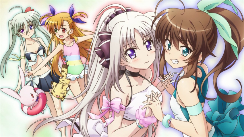 4girls blonde_hair brown_hair einhart_stratos embarrassed flustered fuuka_reventon green_eyes green_hair grin hair_ornament hand_holding heterochromia interlocked_fingers long_hair lyrical_nanoha mahou_shoujo_lyrical_nanoha multiple_girls purple_eyes ribbon rinne_berlinetta screencap smile swimsuit vivid_strike! vivio white_hair yuri