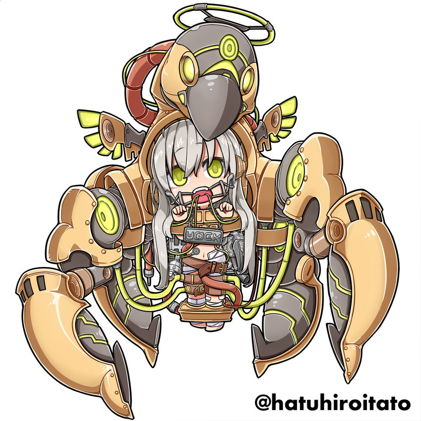 ankle_cuffs bandages belt belt_skirt bound bound_ankles bound_wrists cable catheter character_request chibi commentary_request dental_gag fake_halo female full_body gagged green_eyes halo hanging highres long_hair looking_at_viewer machine mecha navel open_mouth platinum_blonde_hair restrained robot shokuyou_pants sign solo stocks stomach tube very_long_hair yuba_no_shirushi