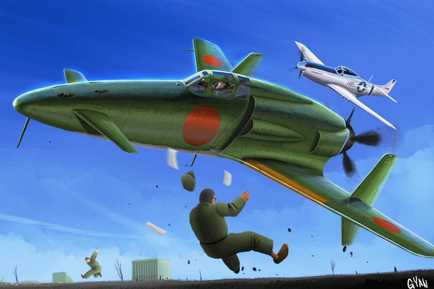 3boys aerial_battle aircraft airplane artist_name battle building commentary_request day gyan_(akenosuisei) hat horizon j7w_shinden male_focus military multiple_boys original p-51_mustang pilot propeller signature sky vehicle_focus wind world_war_ii