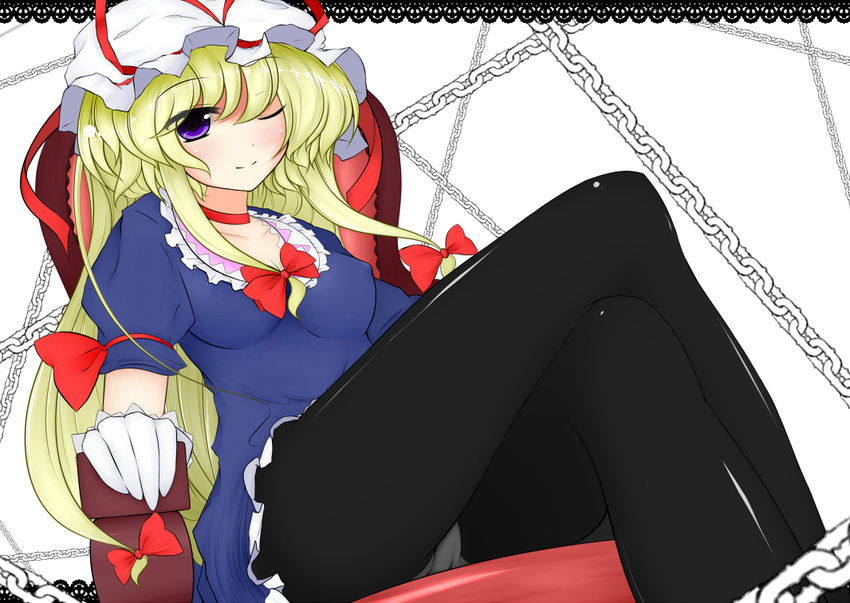 bakko black_pantyhose blonde_hair blush bow breasts chains commentary_request crossed_legs dress female gloves hairbow hat long_hair medium_breasts one_eye_closed panties pantyhose purple_eyes sitting smile solo touhou underwear white_gloves white_panties yakumo_yukari