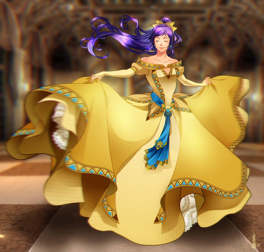 bare_shoulders belt blue_ribbon blurry blurry_background bow bridal_gauntlets closed_eyes closed_mouth commentary_request dancing dress faris_scherwiz female final_fantasy final_fantasy_5 floating_hair full_body gown hairbow high_ponytail highres long_hair motion_blur outstretched_arms ponytail princess princesssarisa purple_hair ribbon sarisa_highwind_tycoon solo spread_arms very_long_hair yellow_bow yellow_dress