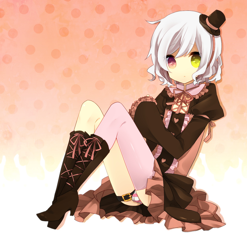 1boy boots bulge crossdressing crossdressing dress frown full_body hair_ornament hairband hairclip hat heterochromia highres kisaragi-kun lolita_fashion male male_focus original panties pantyshot pink_eyes purple_legwear purple_thighhighs short_hair single_thighhigh sitting sleeves_past_wrists solo striped striped_panties thighhighs trap underwear white_hair yellow_eyes yuyupo