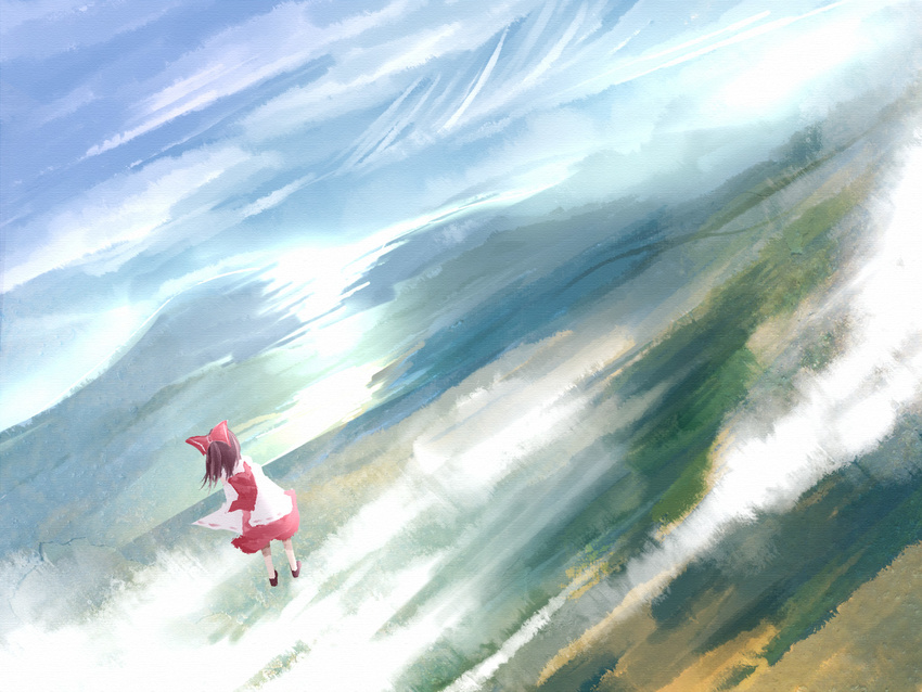 back bad_id bad_pixiv_id blush bow brown_footwear brown_hair cloud dutch_angle female from_behind hairbow hakurei_reimu highres landscape metalwasabi mountain nature outdoors photoshop_(medium) red_bow red_shirt red_skirt scenery shirt short_hair skirt sky socks solo touhou white_socks wide_shot