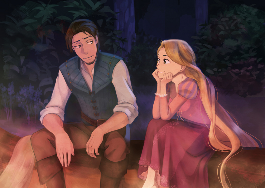 1boy barefoot black_eyes black_hair blonde_hair brown_eyes commentary_request female flynn_rider green_eyes long_hair photoshop_(medium) rapunzel_(disney) sitting smile tangled very_long_hair wooga