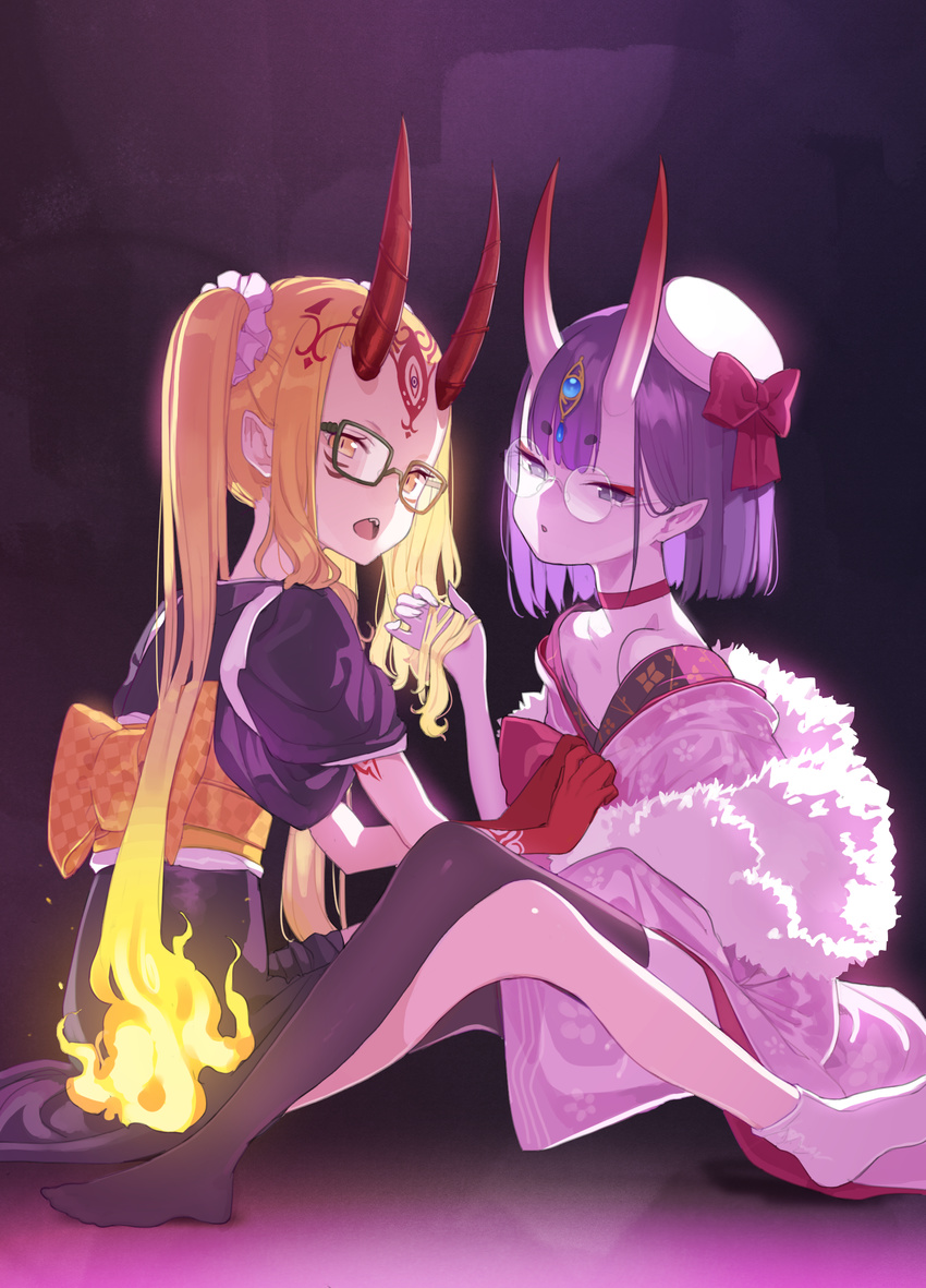 2girls absurdres black_legwear blonde_hair bow chestnut_mouth choker commentary doremi_(doremi4704) facial_mark fate/grand_order fate_(series) fiery_hair forehead_mark glasses hairbow hat highres holding_another's_hair horns ibaraki_douji_(dress_for_demons)_(fate) ibaraki_douji_(fate) japanese_clothes kimono long_hair looking_at_viewer mini_hat multiple_girls navel no_shoes obi oni pointy_ears purple_eyes purple_hair red_choker round_eyewear sash sharp_teeth short_hair shuten_douji_(dress_for_demons)_(fate) shuten_douji_(fate) sitting skin-covered_horns socks teeth thighhighs twintails very_long_hair white_socks yellow_eyes