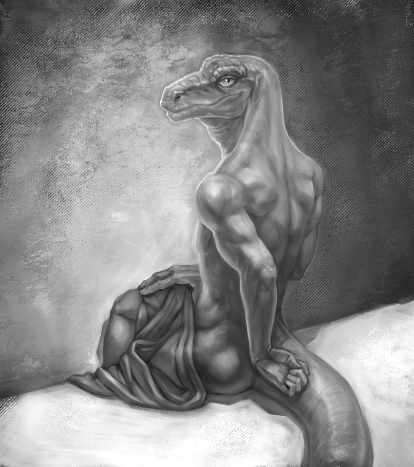 5_fingers ambiguous_gender anthro ass athletic athletic_ambiguous athletic_anthro back_muscles biped clothed clothing fingers hi_res klongi lizard looking_at_viewer looking_back monochrome nude portrait pupils reptile scales scalie simple_background sitting slit_pupils solo topless