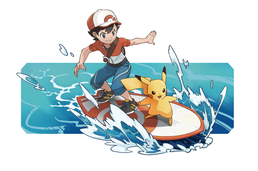 1boy :3 artist_request backpack bag baseball_cap black_eyes black_hair blue_shorts blush_stickers chase_(pokemon) commentary english_commentary full_body hand_up happy hat highres lolicon male_focus official_art open_mouth outline outstretched_arm pikachu poke_ball_symbol poke_ball_theme pokemon pokemon_(creature) pokemon_lgpe red_hat red_shirt shirt shoes short_hair short_sleeves shorts smile standing surfboard surfing surfing_pikachu transparent_background undershirt water white_outline yellow_footwear