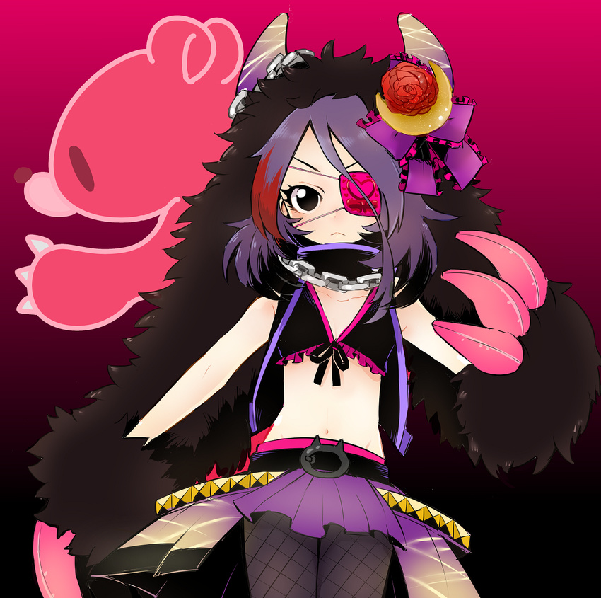 :< bad_id bad_pixiv_id belt bikini bikini_top_only black_eyes black_hair chains claws crescent eyelashes eyepatch female fishnet_pantyhose fishnets flower fur hayasaka_mirei headwear_with_attached_mittens heart highres hood horns idolmaster idolmaster_cinderella_girls midriff multicolored_hair navel pantyhose purple_hair red_hair ribbon skirt solo stuffed_animal stuffed_toy swimsuit teddy_bear warabeshi