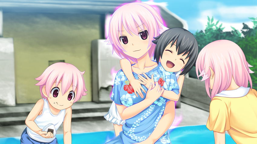 blush breasts character_request children closed_eyes game_cg hair_ornament highres koutaro lolicon open_mouth pink_eyes pink_hair short_hair takara_ichiko tropical_kiss tropical_vacation twinkle_(company) twinkle_soft