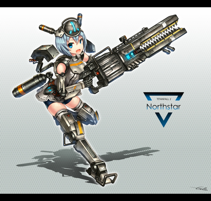 :d animification artist_name bike_shorts blue_eyes blue_hair breasts copyright_name female full_body gia grey_thighhighs gun hair_between_eyes headgear highres image_sample letterboxed looking_at_viewer md5_mismatch mecha_musume medium_breasts northstar_(titanfall) open_mouth personification railgun short_hair signature smile solo standing standing_on_one_leg thighhighs titan_(titanfall) titanfall_(series) titanfall_2 trigger_discipline tumblr_sample weapon