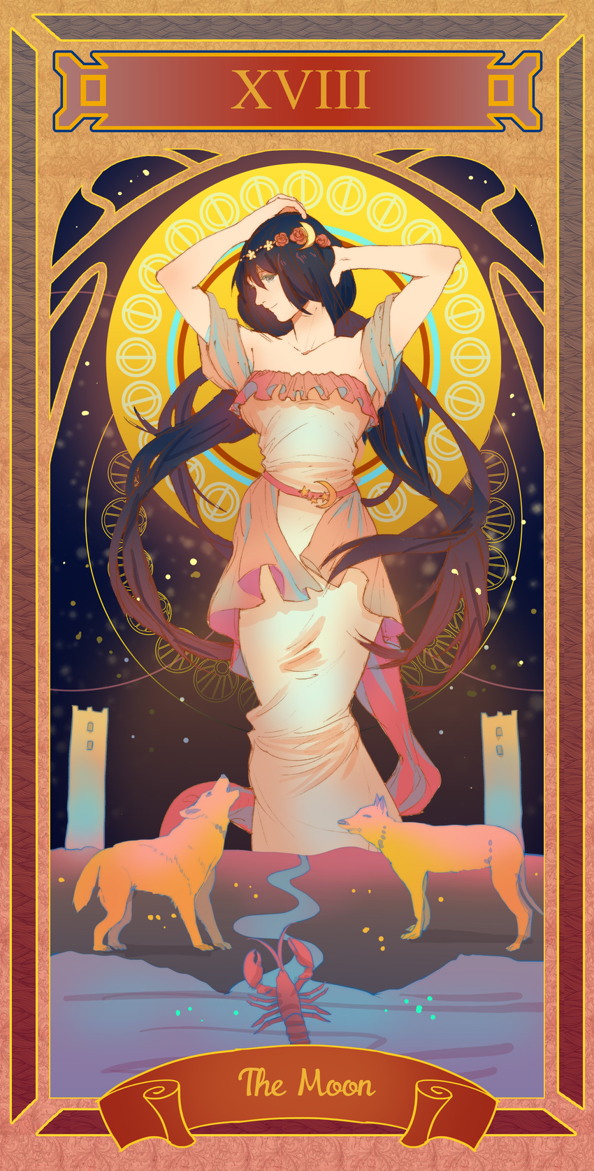 absurdres art_nouveau black_hair breasts colored_eyelashes commentary_request crescent crescent_hair_ornament dress english_text female flower_wreath framed full_moon gradient_eyes hair_ornament hands_in_hair head_wreath highres howling lobster long_hair love_live! love_live!_school_idol_project medium_breasts moon multicolored_eyes photoshop_(medium) river roman_numeral smile solo strapless strapless_dress sunyuqian tarot tarot_(medium) the_moon_(tarot) tojo_nozomi very_long_hair wolf