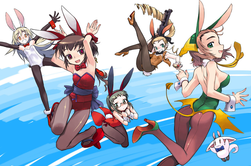 5girls :3 :d animal_ears armpits ass bad_id bad_pixiv_id blonde_hair bow bowtie breasts brown_eyes brown_hair character_request china_lake creature dragon_steak!_(manga) drill_hair elbow_gloves emma_(seven-bridge) eyebrows flat_chest freckles geta glasses gloves green_eyes grenade_launcher grin gun high_heels highres kurame kusari_hime:_euthanasia lipton_(dragon_steak!) long_hair looking_back medium_breasts multiple_girls nakamura_tetsuya necktie open_mouth orange_eyes original pantyhose photoshop_(medium) playboy_bunny ponytail rabbit_ears rabbit_tail red_eyes seven-bridge shoes short_hair sideboob smile tail vest weapon wrist_cuffs zipper