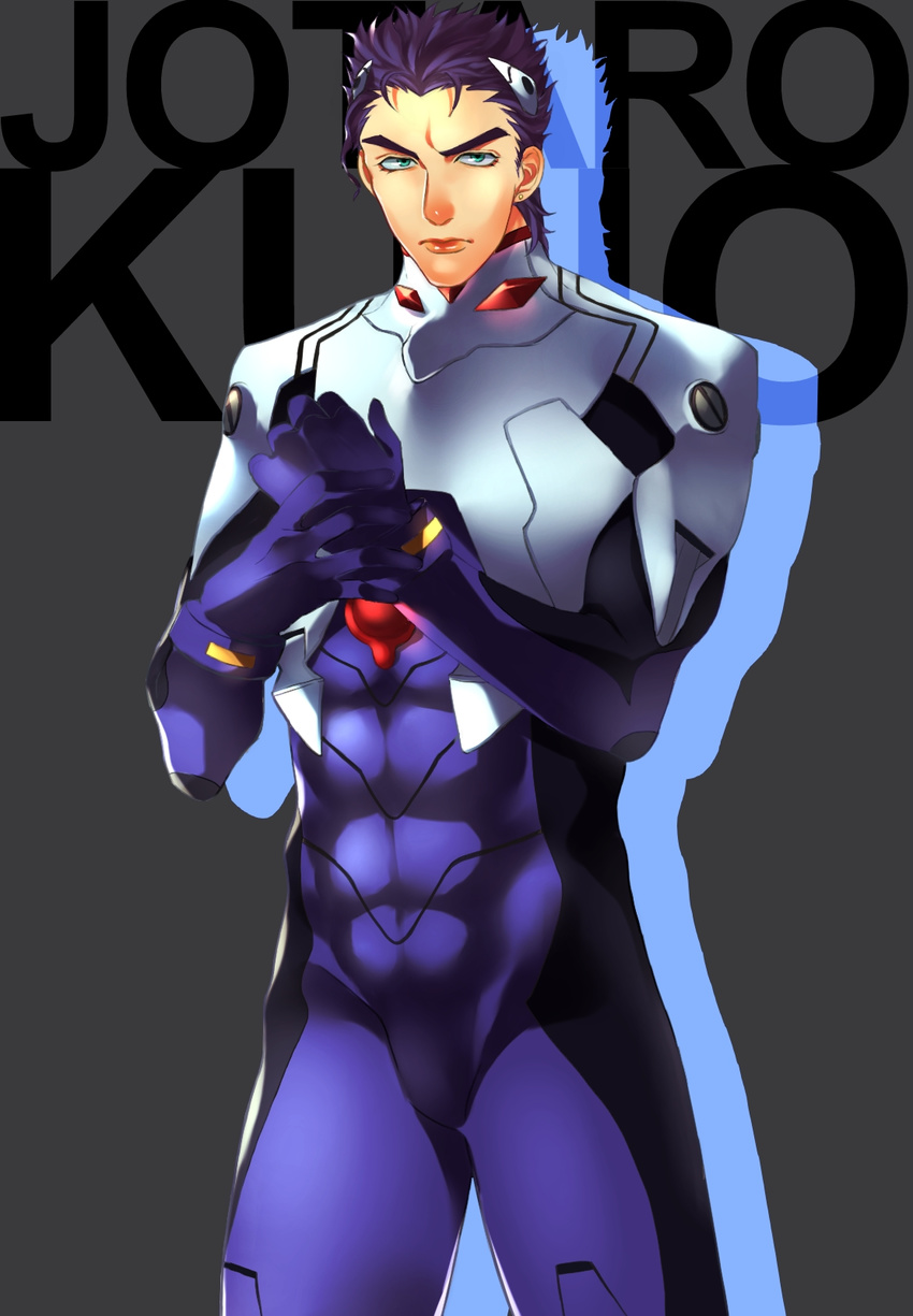 1boy blue_hair character_name commentary_request cosplay green_eyes highres ikari_shinji ikari_shinji_(cosplay) jojo_no_kimyou_na_bouken kujo_jotaro male_focus neon_genesis_evangelion no_headwear plugsuit samuraisamurai solo