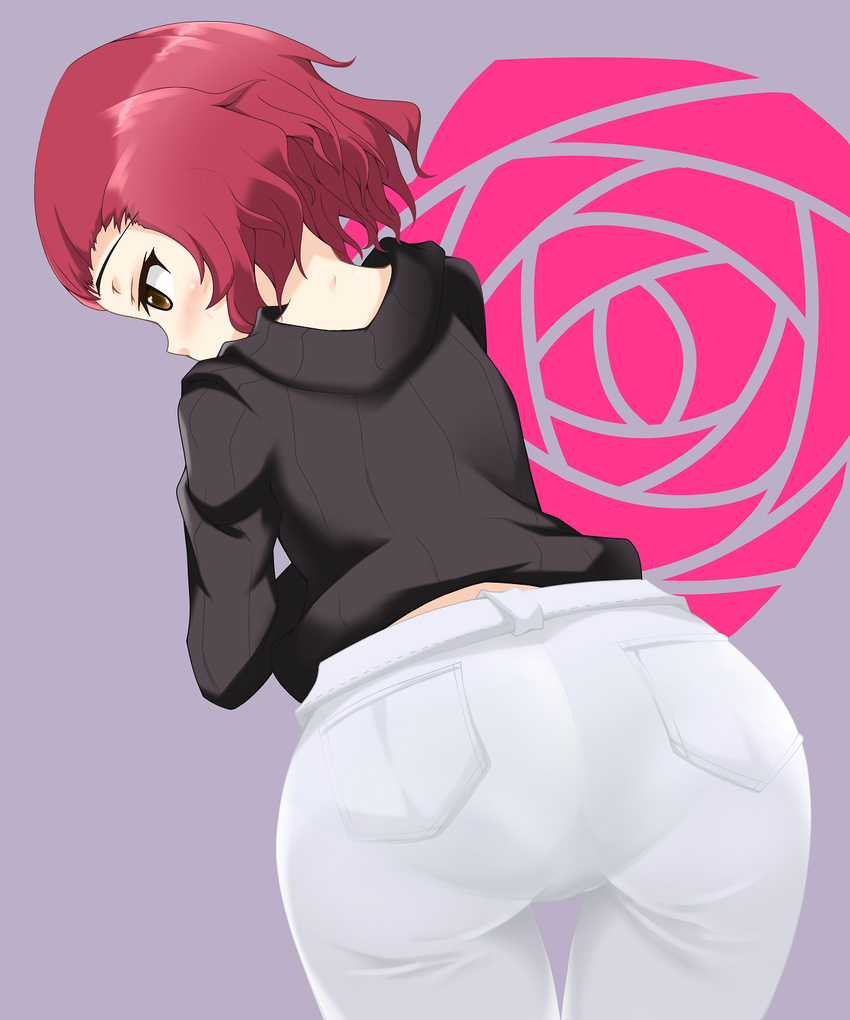 ass blush brown_eyes commentary female from_behind girls_und_panzer hataage_konoe highres pants pantylines red_hair ribbed_sweater rosehip_(girls_und_panzer) short_hair solo sweater turtleneck