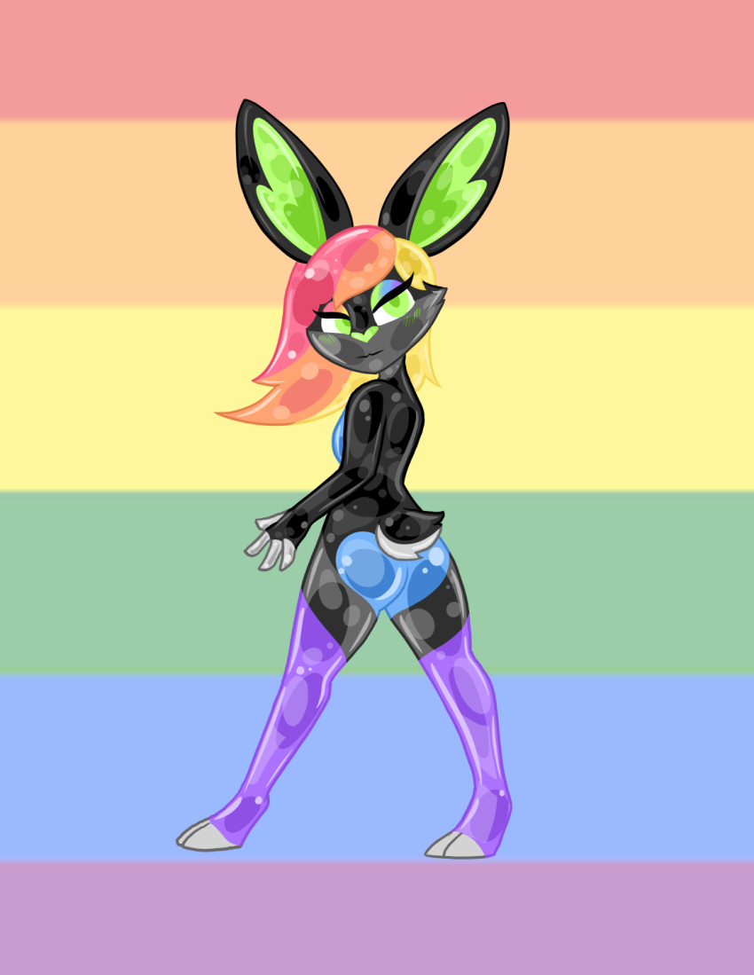 anthro ass blue_butt blush butt_heart female goo_creature green_eyes green_nose hair heart_ears heart_symbol hi_res lagomorph leg_markings leporid lgbt_pride looking_at_viewer mammal markings multicolored_body multicolored_hair rabbit rainbow rainbow_background rainbow_body rainbow_eyeshadow rainbow_hair simple_background six-stripe_rainbow_pride_colors socks_(marking) solo standing tiddysoft