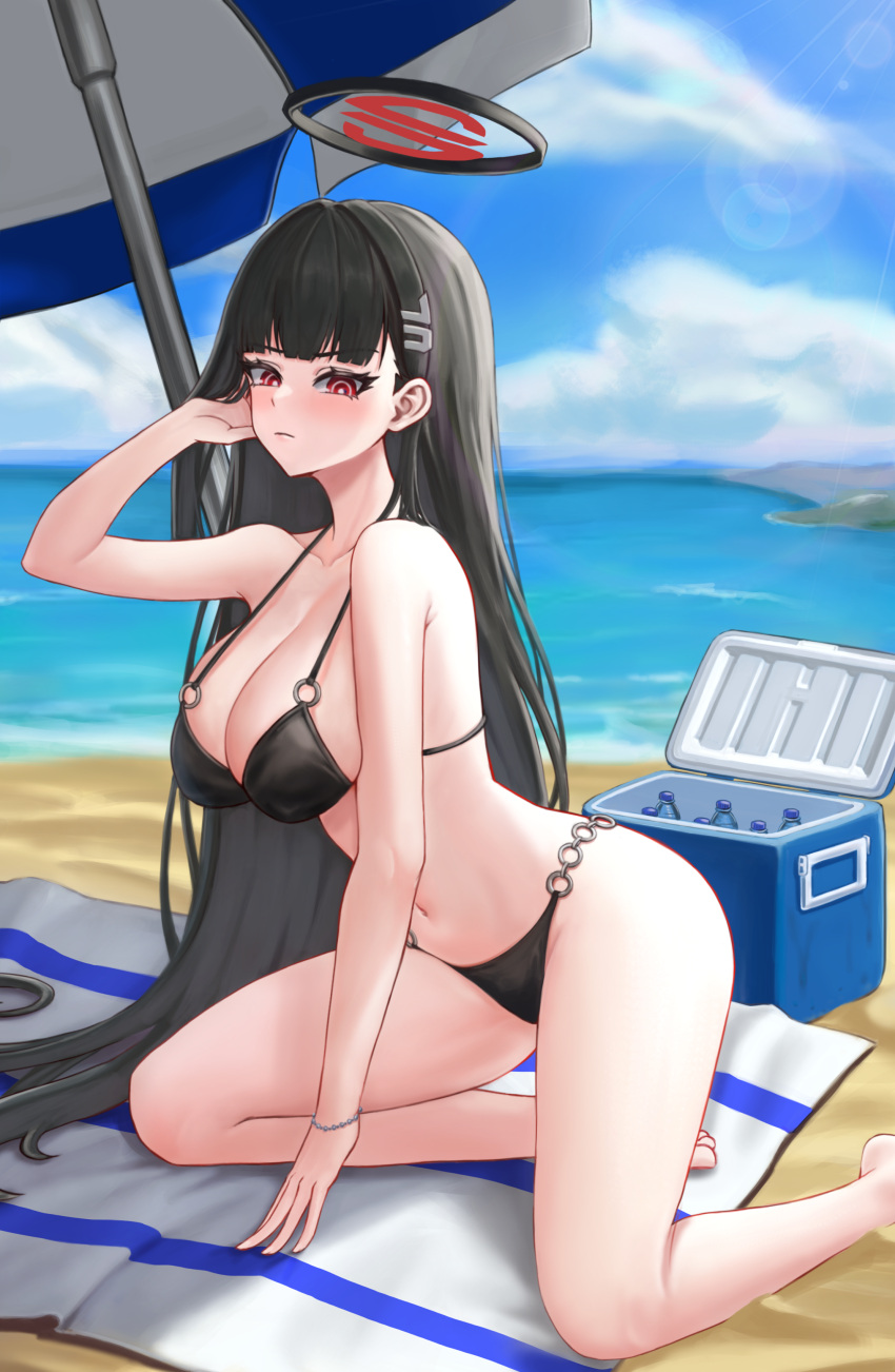 absurdres alternate_costume beach beach_towel beach_umbrella bikini black_bikini black_hair blue_archive blue_sky blunt_bangs bracelet breasts bright_pupils cloud cooler day female foot_out_of_frame halo highres ilbanseomin jewelry large_breasts lens_flare long_hair looking_at_viewer navel ocean outdoors red_eyes rio_(blue_archive) sky solo stomach strap_gap swimsuit thighs towel umbrella