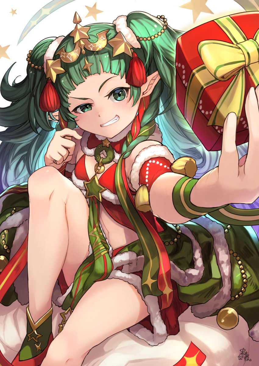 box braid commentary female fire_emblem fire_emblem:_three_houses fire_emblem_heroes fur_trim gift gift_box green_eyes green_hair grin hair_ornament hair_ribbon highres knee_up long_hair nakabayashi_zun pointy_ears ribbon ribbon_braid side_braid sitting smile solo sothis_(fire_emblem) sothis_(winter)_(fire_emblem) tiara twin_braids